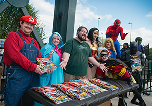 Handing out comic books