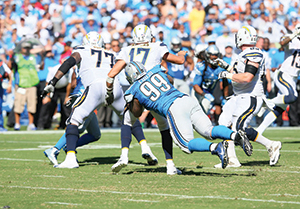Jermelle Cudjo tackles a San Diego Charger - Photo by Detroit Lions